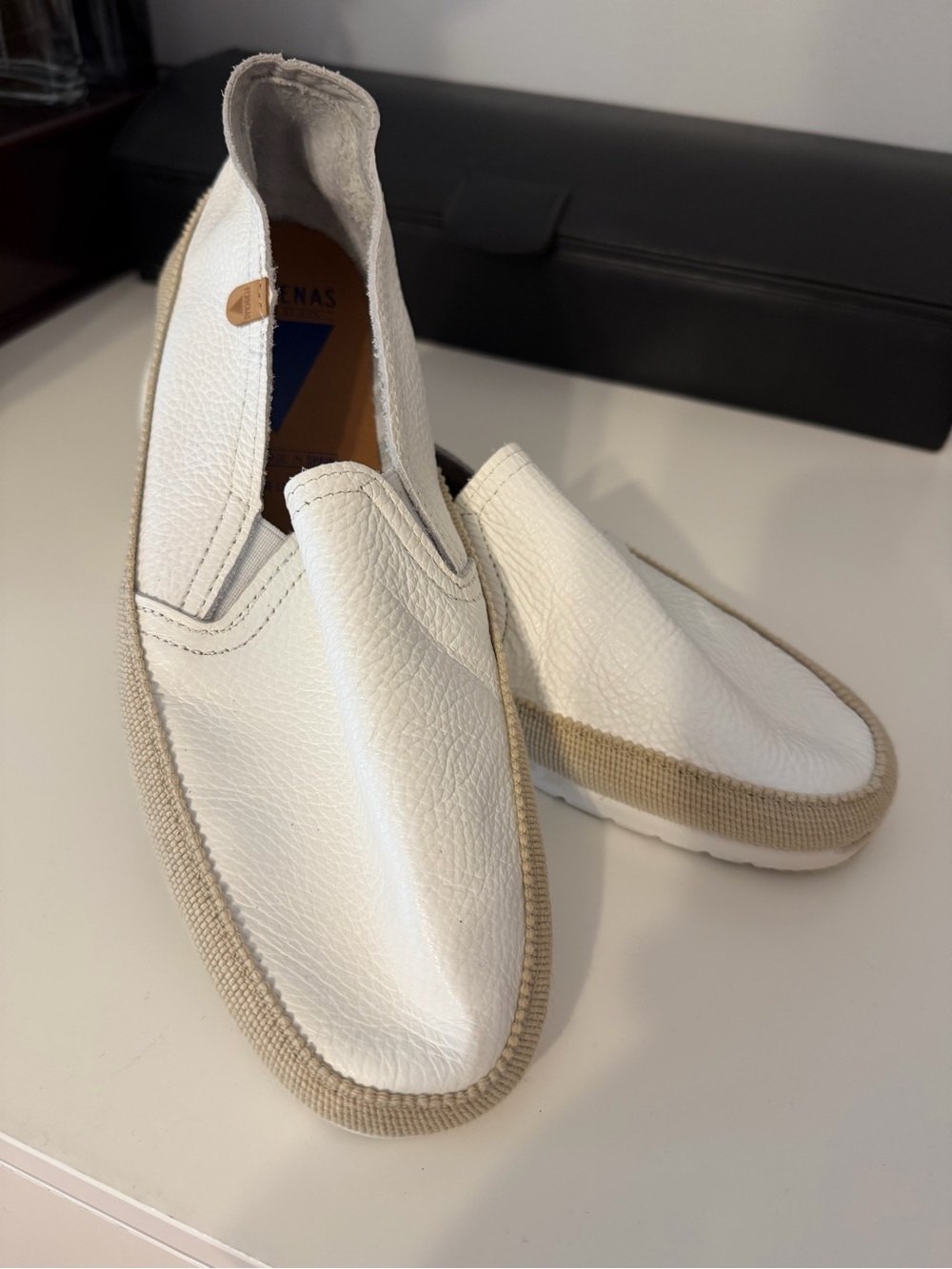 Women's White Leather Slip-On Loafers with Beige Trim